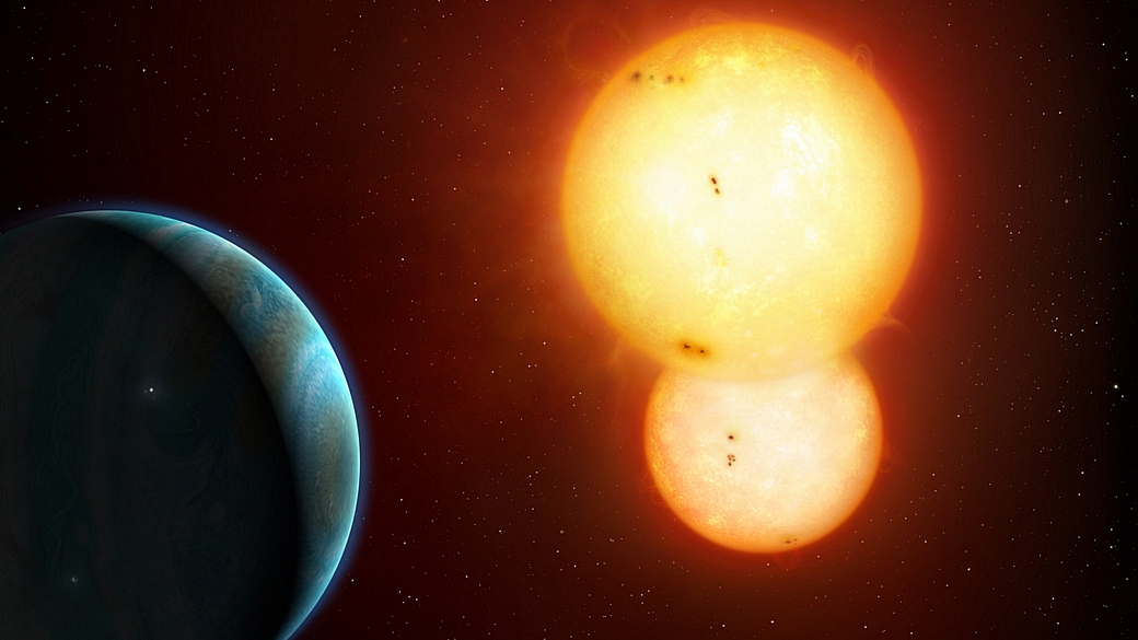 Concepção artística do sistema binário que abriga os novos planetas descobertos pela missão Kepler