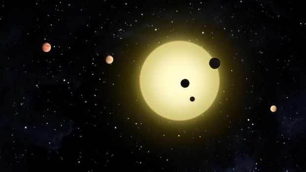 Representação artística do novo sistema solar descoberto, Kepler-11