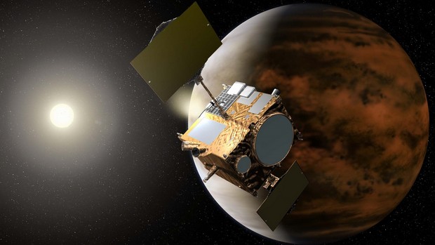 Concepção artística da sonda Akatsuki orbitando o planeta Vênus
