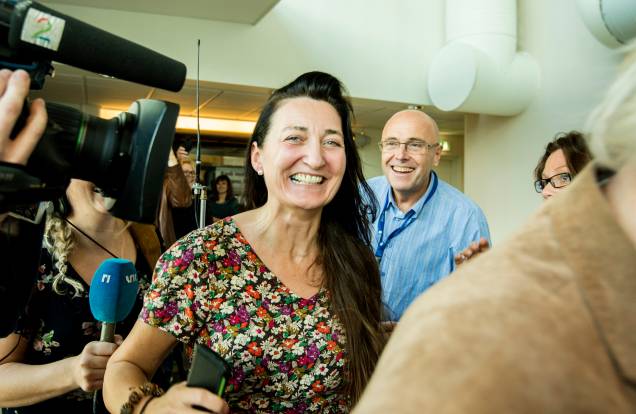 A neurocientista dinamarquesa May-Britt Moser, vencedora do Nobel de Medicina de 2014, na universidade onde trabalha logo após o anúncio do prêmio