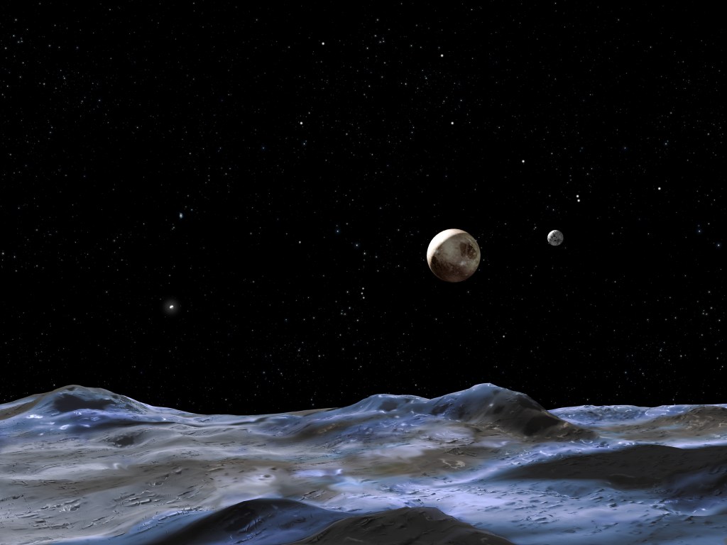 Concepção artística da vista de Plutão a partir da superfície de uma de suas luas