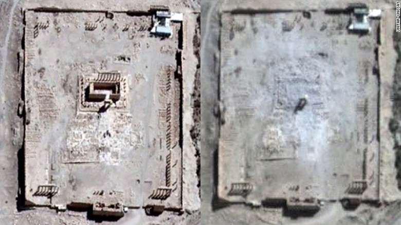 Imagem de satélite mostra o Templo de Bel, em Palmira, antes e depois da destruição