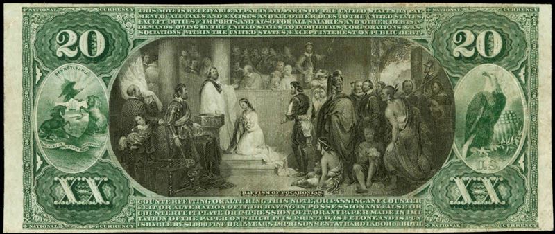 Verso da nota de 20 dólares de 1865 mostra o batismo da índia Pocahontas