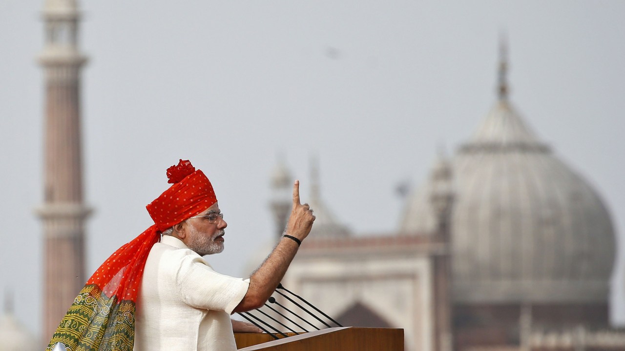 Narendra Modi, o primeiro-ministro da Índia, discursa no dia da independência do país