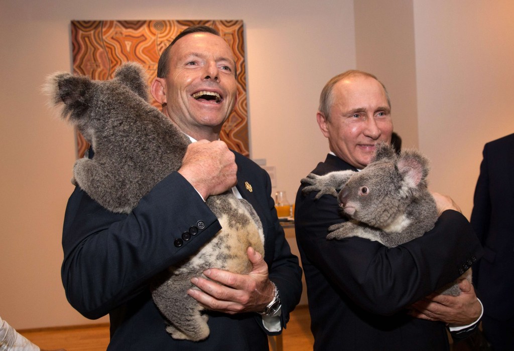 O primeiro-ministro australiano, Tony Abbott, e o presidente russo, Vladimir Putin, seguram coalas antes de encontro do G20 em Brisbane