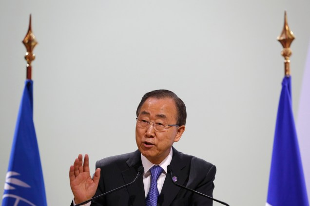 <p>O secretário-geral das Nações Unidas, Ban Ki-Moon, em dircuso durante o início da última semana da Cúpula do Clima, em Paris</p>