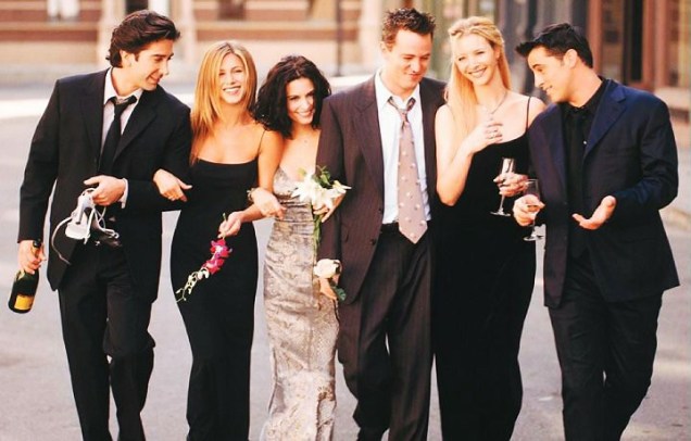 Elenco principal da série Friends: Ross (David Schwimmer), Rachel (Jennifer Aniston), Monica (Courtney Cox), Chandler (Matthew Perry), Phoebe (Lisa Kudrow) e Joey (Matt LeBlanc)
