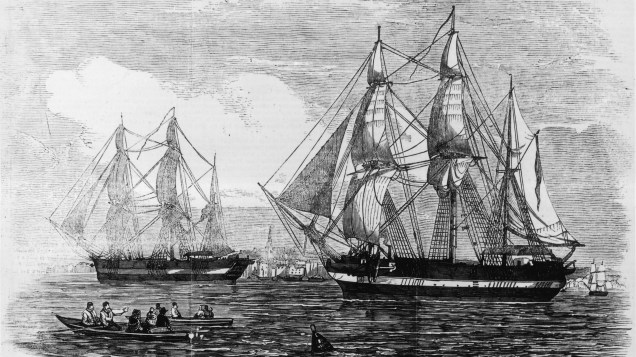 Os navios HMS Erebus e HMS Terror, que integraram a expedição de Sir John Franklin ao Ártico, em gravura datada de 1845 