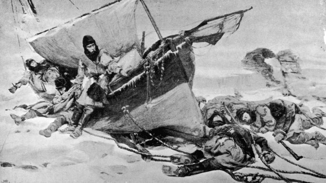 Gravura datada de 1847 retrata os tripulantes da expedição de Sir John Franklin no Ártico