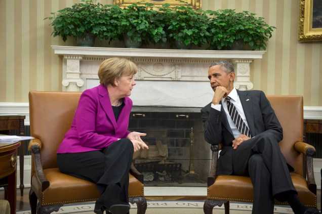 Presidente Barack Obama em encontro com a chanceler alemã Angela Merkel para discutir a crise na Ucrânia