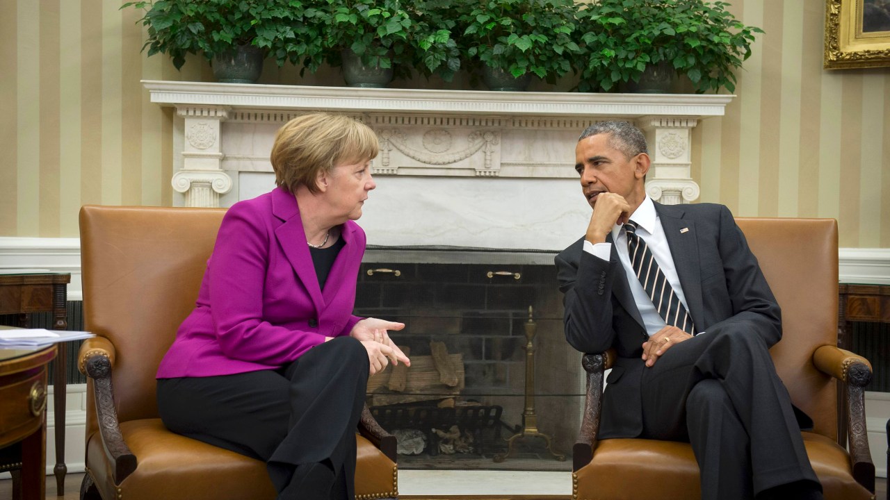 Presidente Barack Obama em encontro com a chanceler alemã Angela Merkel para discutir a crise na Ucrânia