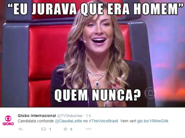 Até o perfil da Globo Internacional no Twitter brincou com a fala de Claudia Leitte sobre Adna Souza, candidata do The Voice Brasil