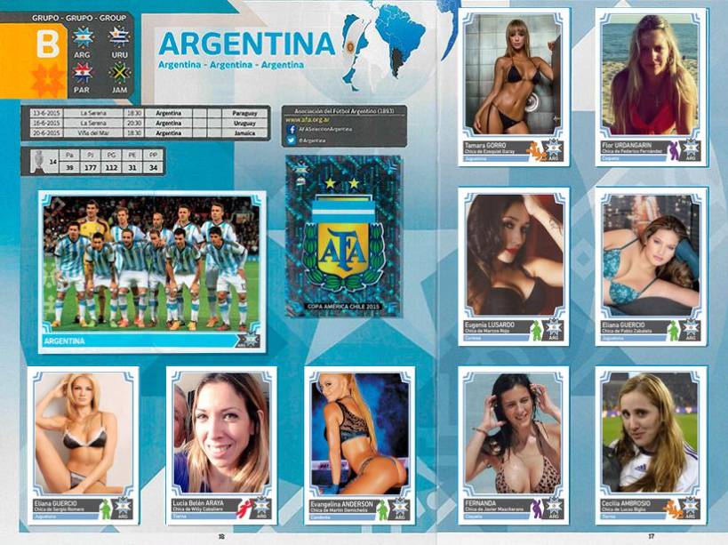 Página do álbum "Las Chicas del Fútbol" com as fotos das namoradas da seleção argentina