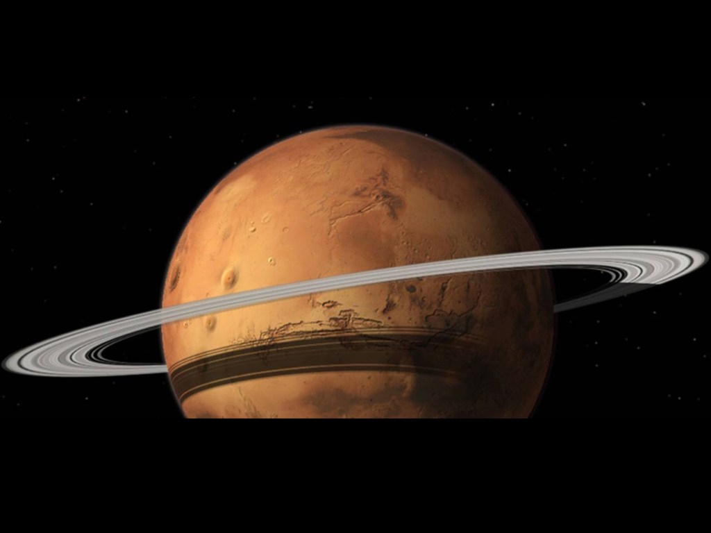 Ilustração mostra Marte com o futuro sistema de anéis que resultará da destruição de sua maior lua, Phobos