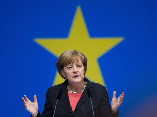 A chanceler Angela Merkel durante coletiva em Berlim