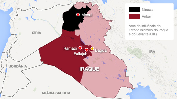 Mapa da área de influência do Estado Islâmico do Iraque e do Levante (EIIL)