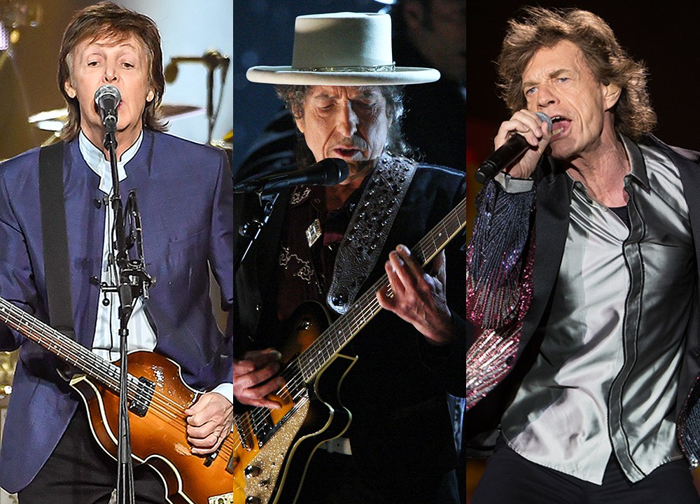 Artistas Paul McCartney, Bob Dylan e Mick Jagger