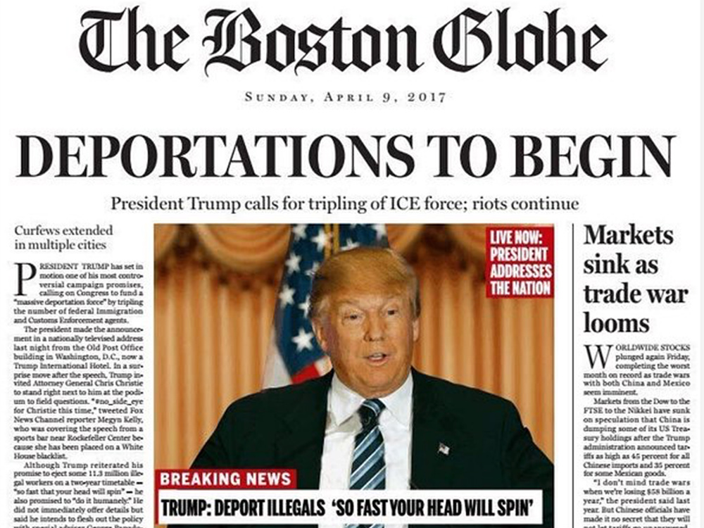 Capa fantasiosa da edição dominical do 'The Boston Globe': "Deportações irão começar"