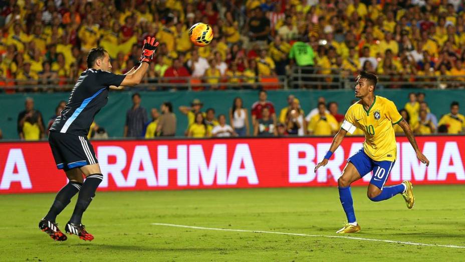 Lance do amistoso entre Brasil e Colômbia, em Miami, reestreia do técnico Dunga pela seleção