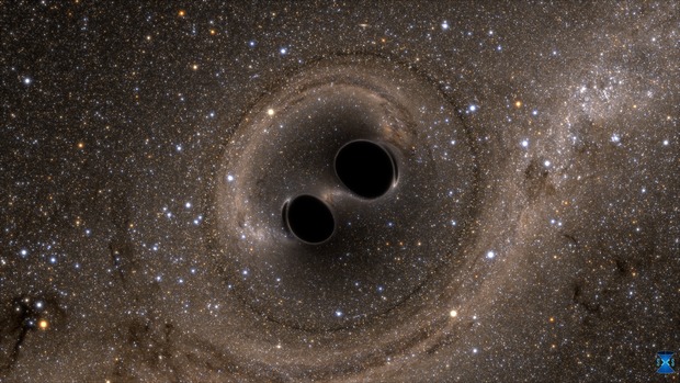 Simulação feita em computador de como seria a fusão de dois buracos negros, feita com dados do Observatório Interferométrico de Ondas Gravitacionais (LIGO)