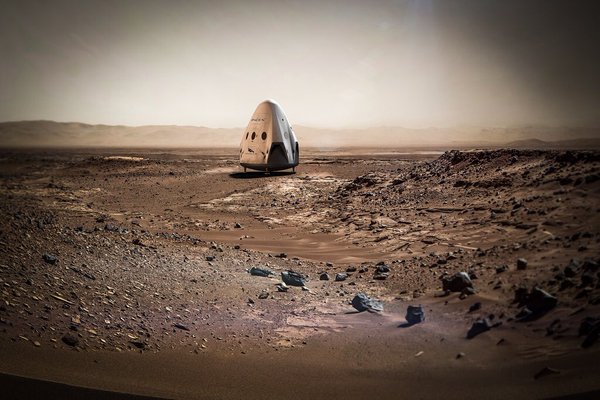 A cápsula Dragon, da empresa SpaceX, em simulação no ambiente marciano