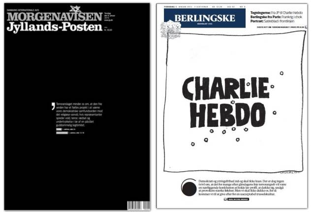 O jornal Berlingske, da Dinamarca, também virou alvo de ameaças após publicar charges em homenagem aos mortos no atentado em Paris. Na capa desta quinta-feira, traz uma ilustração com o nome do jornal francês <em>Charlie Hebdo marcado por marcas de tiros</em>