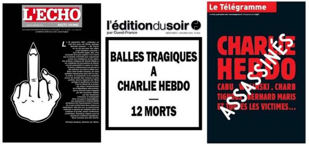 O jornal Le Télégramme, da França, mostra na capa desta quinta o nome de algumas das doze vítimas do massacre em Paris, sob a palavra Assassinados