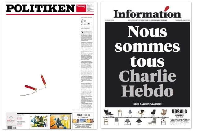 A imagem de um lápis quebrado ao lado do texto cujo título significa "Somos Charlie estampa a primeira página do jornal dinamarquês Le Politiken