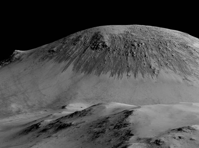 <p>Imagem mostra o que os cientistas conhecem pela sigla RSL (Recurring Slope Linear, em português algo como Linhas Recorrentes de Encosta), sulcos escuros que surgem nas bordas de crateras, cânions ou montanhas</p>
