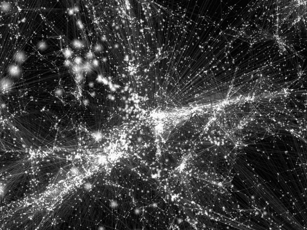 Em preto e branco, o design do "mapa" lembra um jogo de ligar os pontos, onde os objetos brilhantes são as galáxias e as linhas são os filamentos de gás que conectam uma a outra