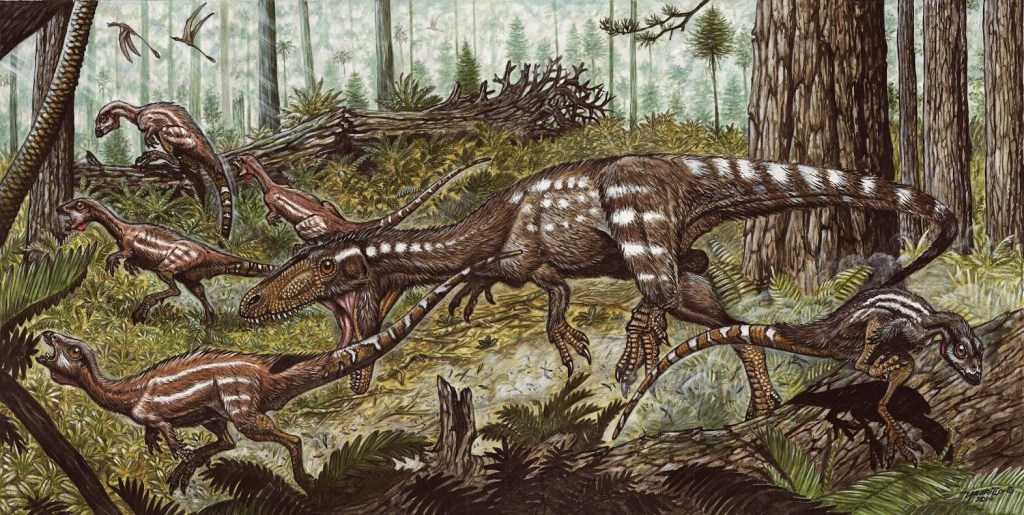 Ilustração do dinossauro 'Tachiraptor admirabilis', ao centro, caçando espécies menores