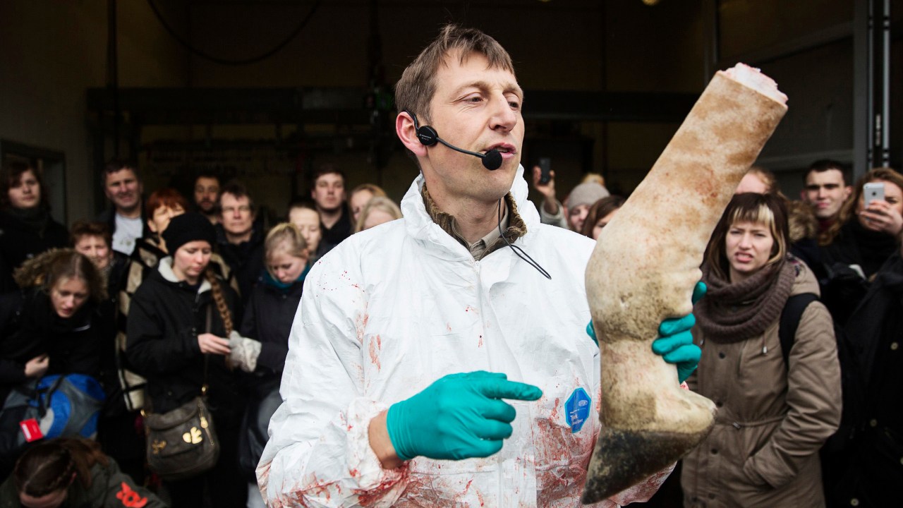 Veterinário exibe uma das patas da girafa saudável 'Marius' dissecada em público no zoológico de Copenhague, na Dinamarca - 09/02/2014