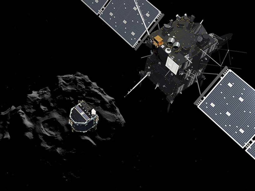 <p>Imagem da Sonda Rosetta, módulo Philae e cometa 67P/Churyumov-Gerasimenko. </p>