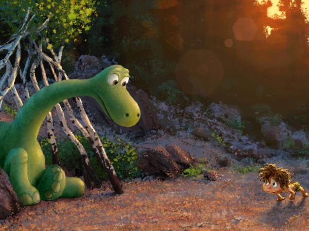 Arlo e Spot em cena da animação O Bom Dinossauro, da Disney Pixar