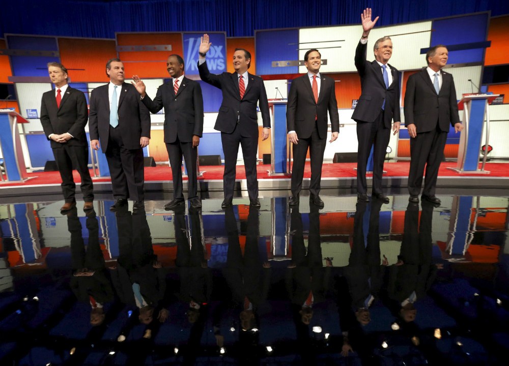 Os pré-candidatos Rand Paul, Chris Christie, Ben Carson, Ted Cruz, Marco Rubio, Jeb Bush e John Kasich