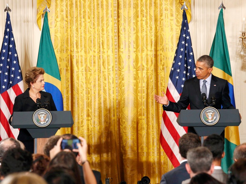 <p>A presidente do Brasil Dilma Rousseff, e o presidente dos EUA, Barack Obama, durante coletiva na Casa Branca</p>