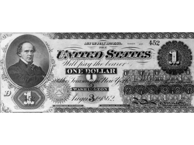 Nota de um dólar, de 1862, logo após o Congresso americano autorizar a impressão de moeda para financiamento da Guerra Civil