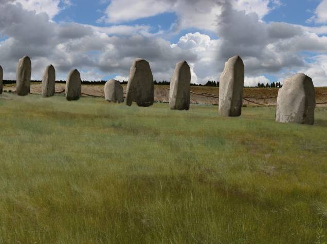 <p>Simulação em computação gráfica dos monolitos que formam o Super-henge, monumento descoberto no Sul da Inglaterra</p>