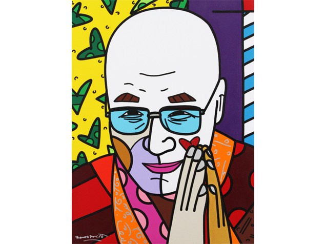 Dalai Lama em paz com retrato de Romero Britto
