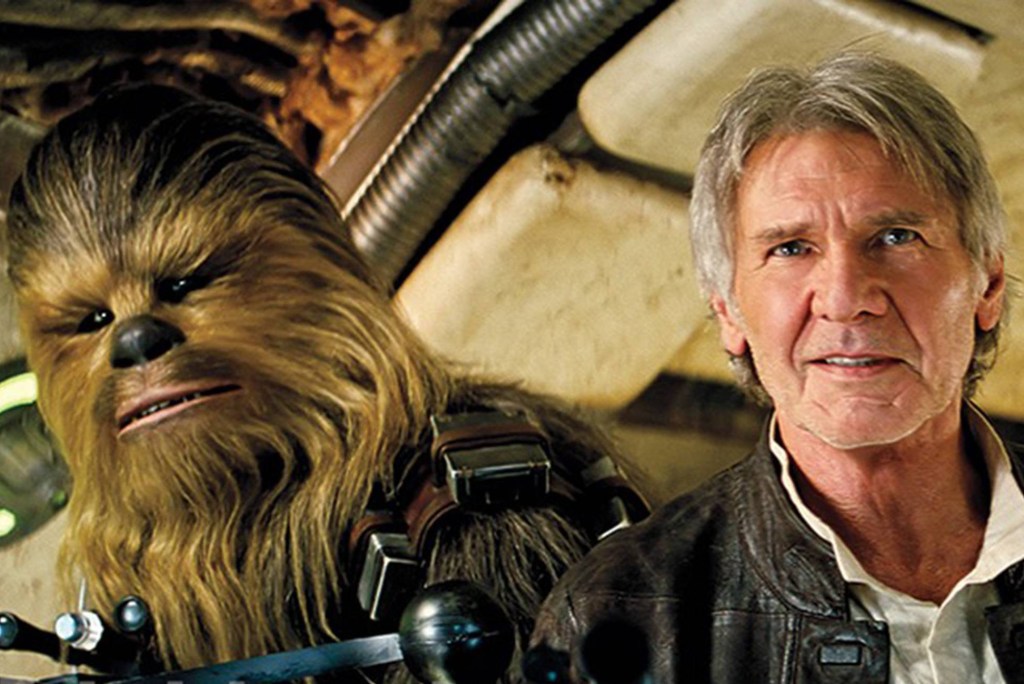 "Chewie, estamos em casa." Harrison Ford aparece ao lado do personagem Chewbacca no set de 'Star Wars: O Despertar da Força'