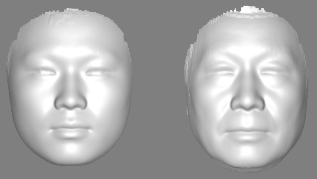 Imagem em 3D capturada por cientistas chineses que mostra, à esquerda o rosto de um homem entre 17 e 29 anos e, à direita, entre 60 e 77 anos