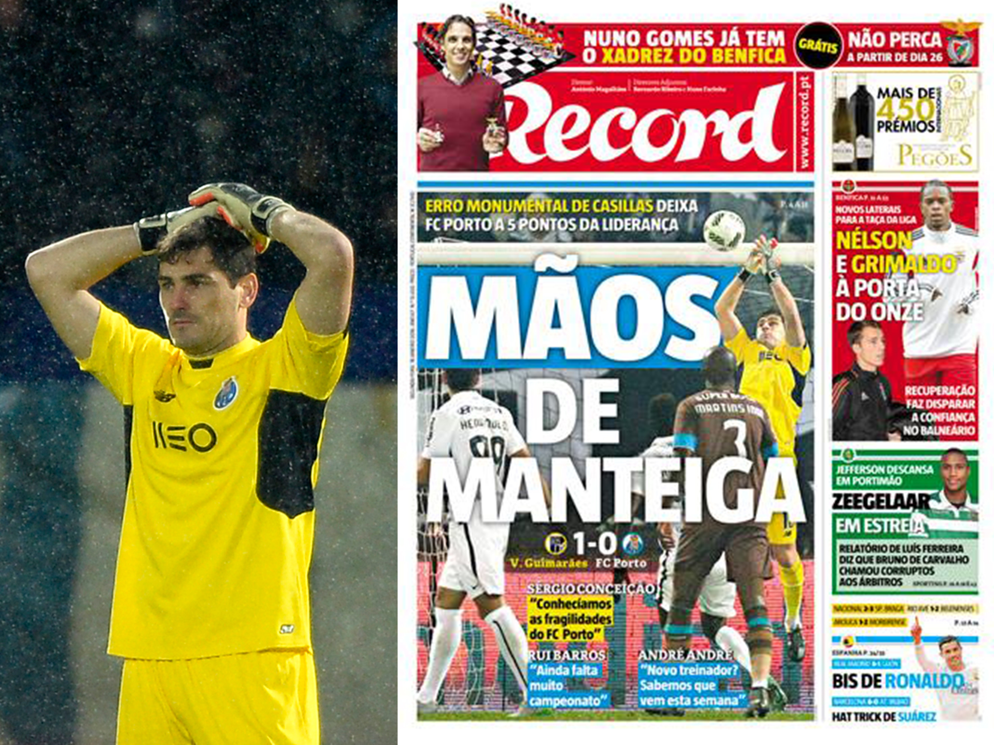 O goleiro espanhol Iker Casillas do Porto falha durante partida do Campeonato Português e é chamado de 'Mãos de Manteiga' pelo jornal Record