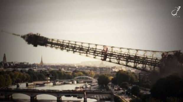 Cena do vídeo do Estado Islâmico com a queda da Torre Eiffel, em Paris
