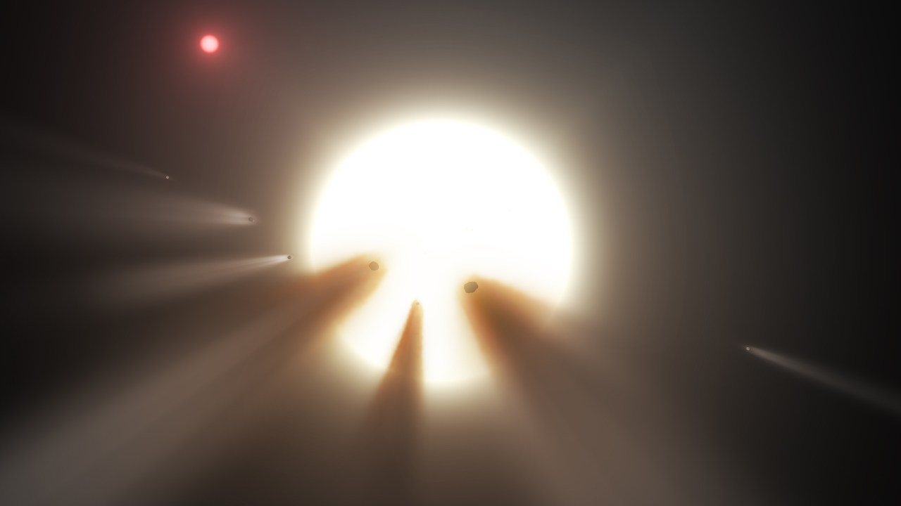 Ilustração feita pela Nasa mostra uma estrela atrás de cometas despedaçados, uma explicação possível para o brilho excêntrico da estrela KIC 8462852