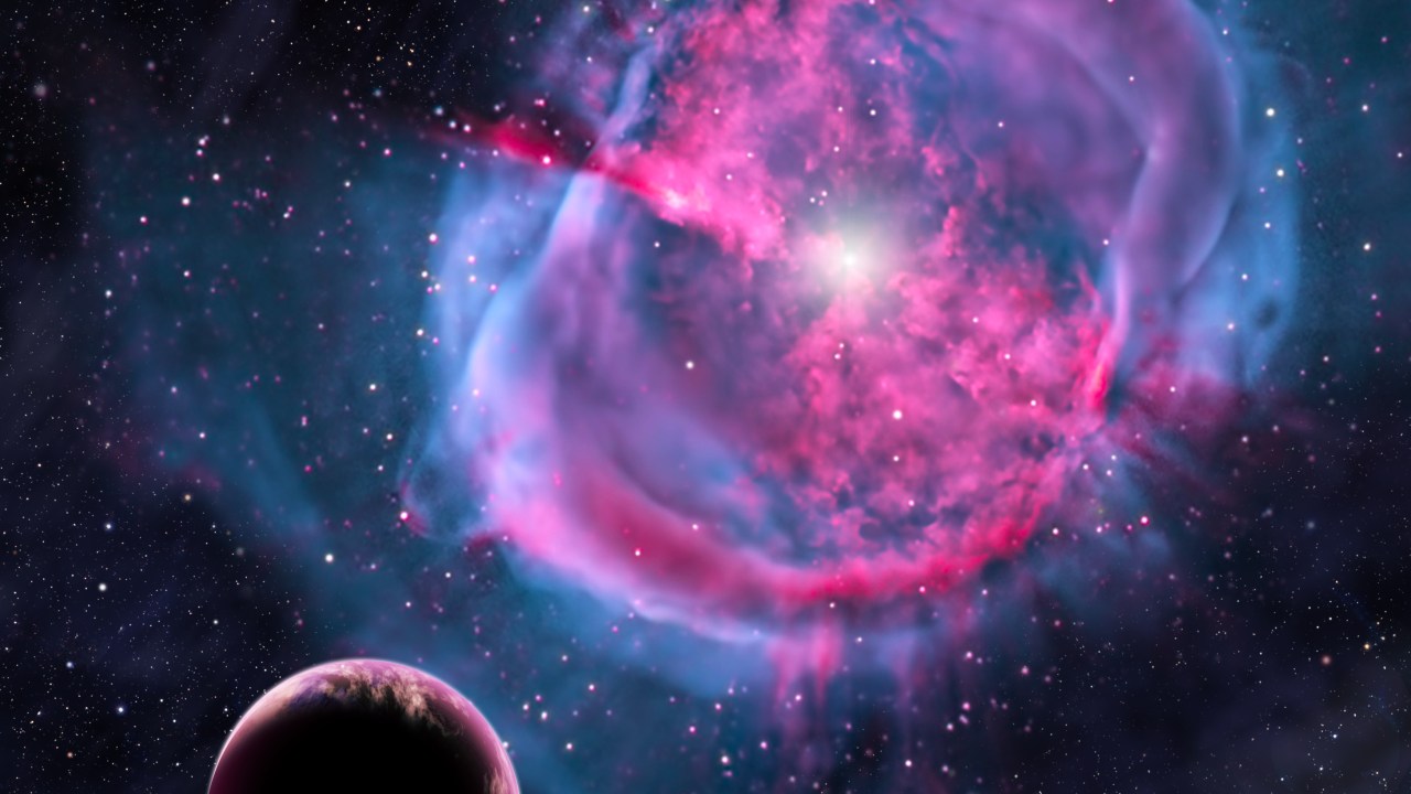 Concepção artística de um exoplaneta parecido com a Terra orbitando uma nebulosa planetária