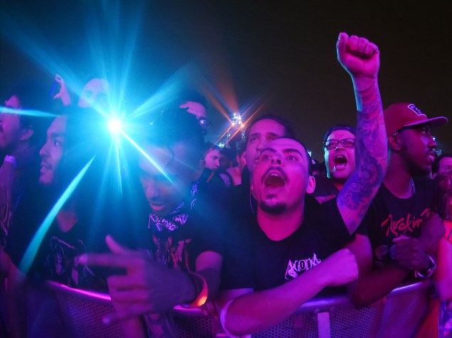 Público durante apresentação da banda Faith no More, no quinto dia do Rock in Rio, zona oeste do Rio de Janeiro, nesta sexta-feira (25)