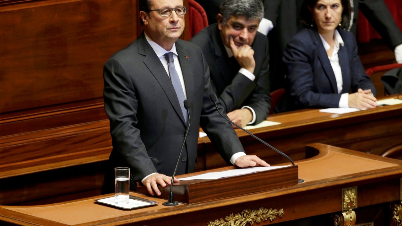 O presidente francês, François Hollande, durante discurso no Palácio de Versalhes