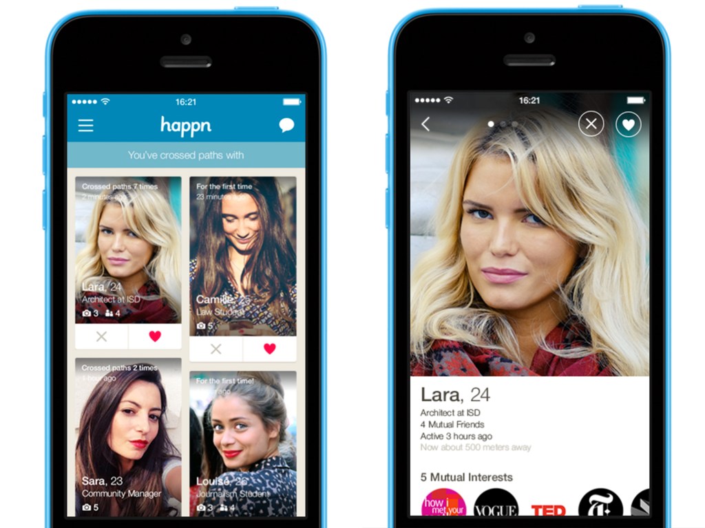 Interface do aplicativo de paquera Happn, maior rival do Tinder