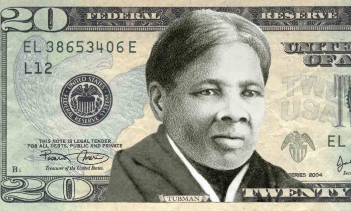 Simulação de nota de dólar com a figura de Harriet Tubman