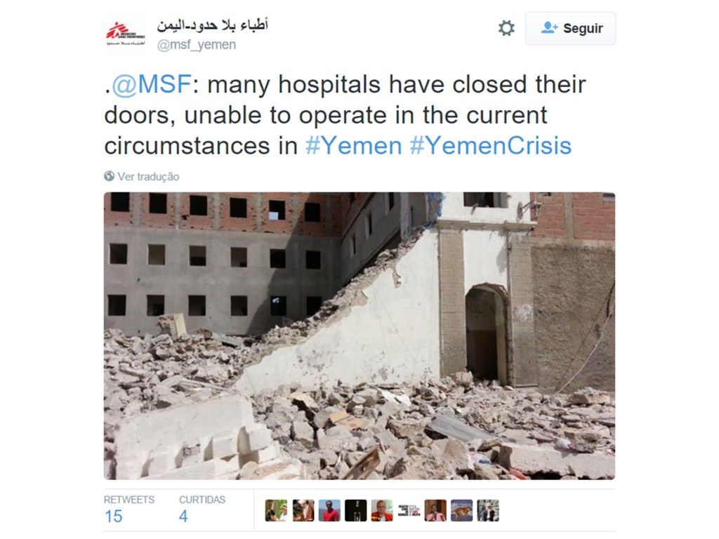 Imagem postada pela Organização Médicos Sem Fronteiras no Iêmen antes do ataque ao centro médico, fala do fechamento de hospitais devido à onda de violência no país